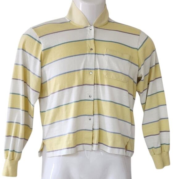 Ivy Sports Yellow, White Purple, Green Striped Blouse with snaps Women's Size L - Picture 1 of 8